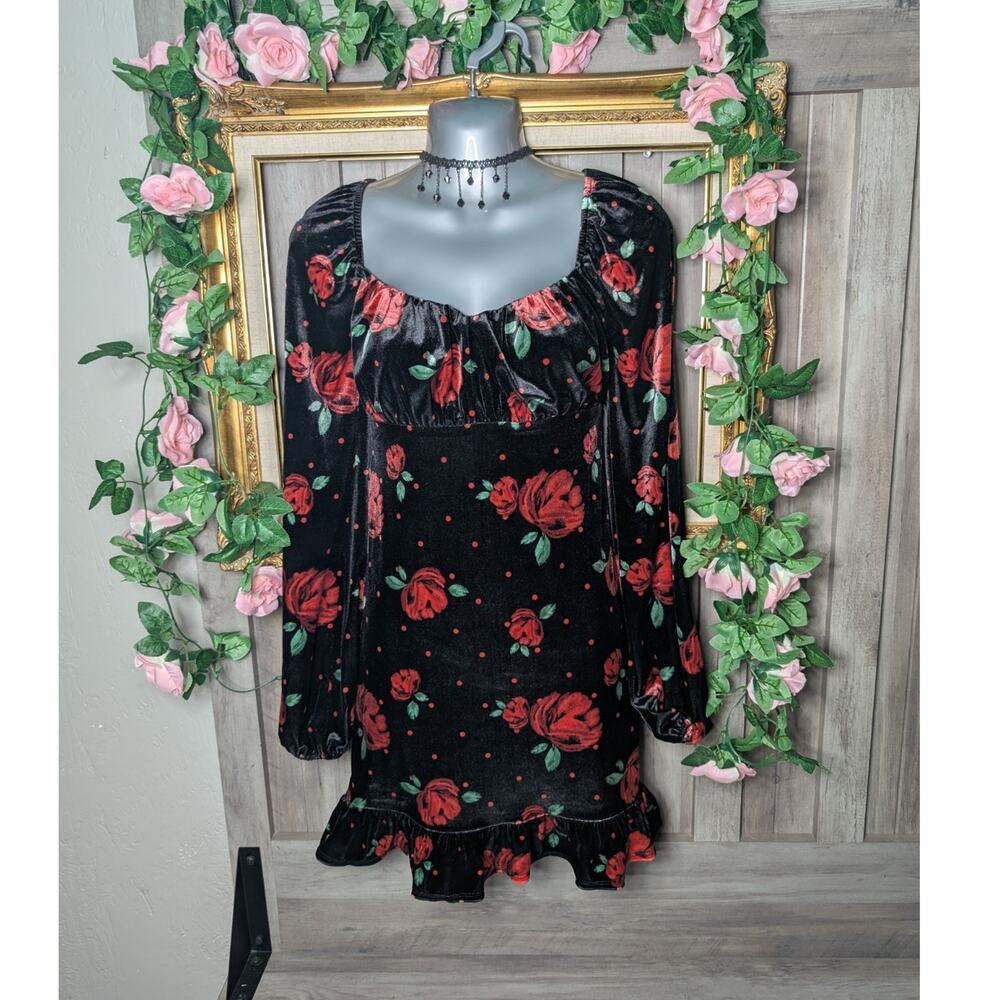 FOREVER 21 Black Velvet Floral Mini Dress Square Neck Long Sleeve Ruffle Hem M - Picture 1 of 4